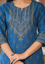 Juniper Women's Blue Ethnic Motif Printed Cotton Kurta | Grocsy
