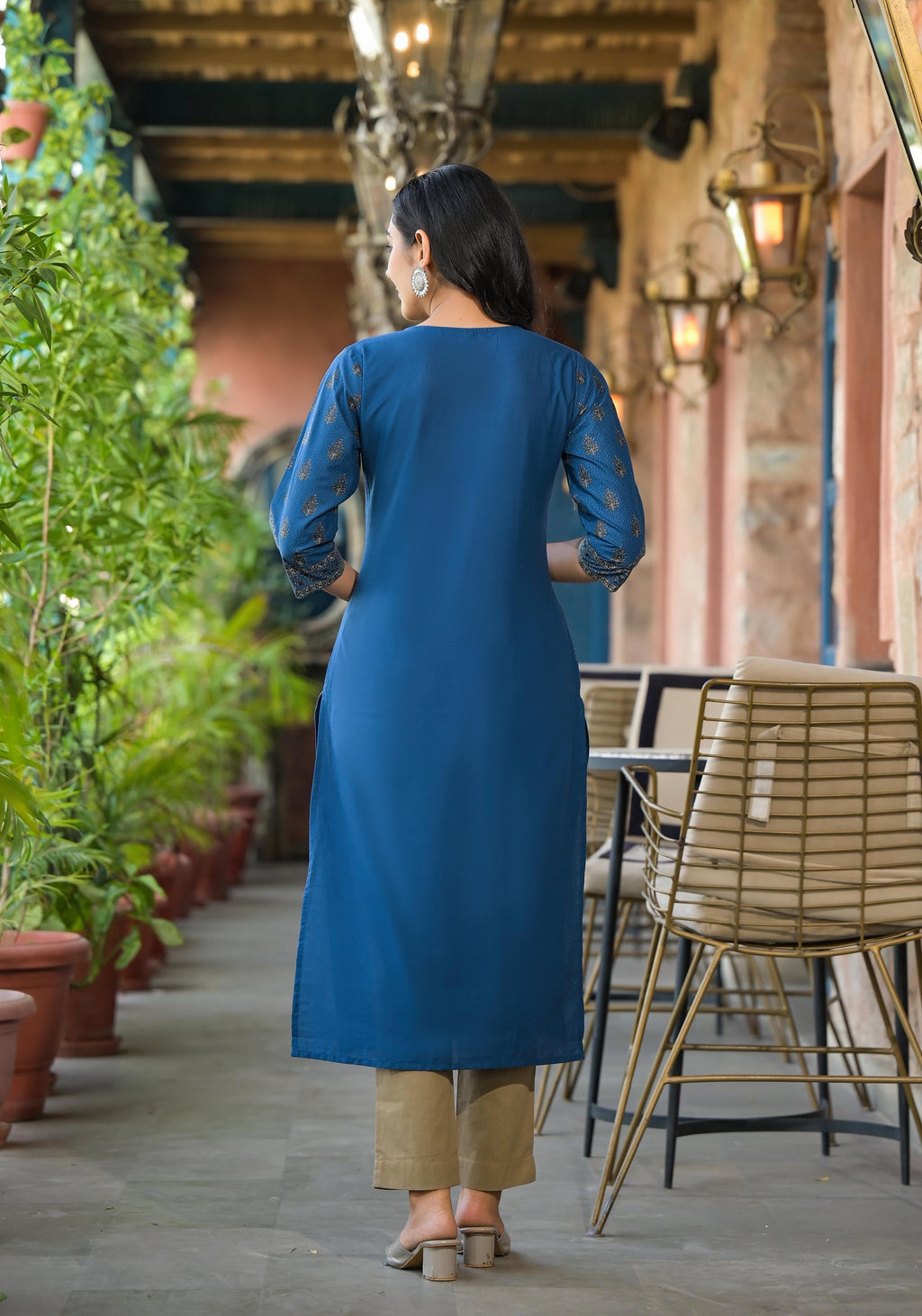 Juniper Women's Blue Ethnic Motif Printed Cotton Kurta | Grocsy