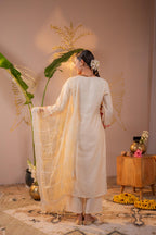 Juniper Ivory Coral Blossom Printed Kurta Pant And Dupatta Set | Grocsy
