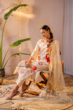 Juniper Ivory Coral Blossom Printed Kurta Pant And Dupatta Set | Grocsy