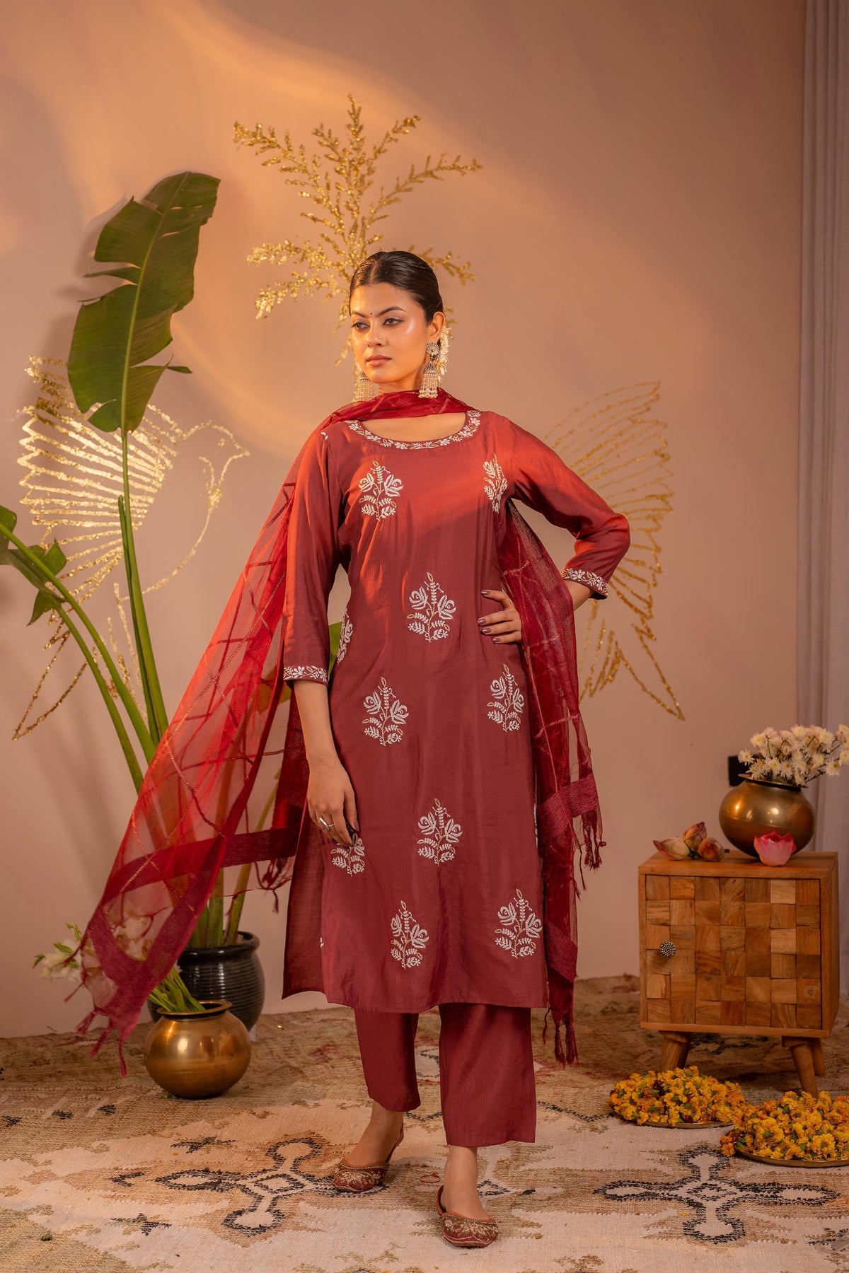 Juniper Rosegold Blossom -Pinted Kurta Pant And Dupatta Set | Grocsy