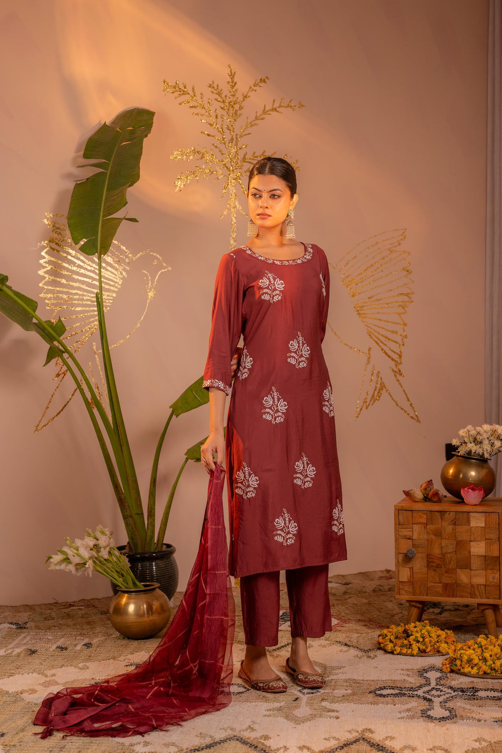Juniper Rosegold Blossom -Pinted Kurta Pant And Dupatta Set | Grocsy