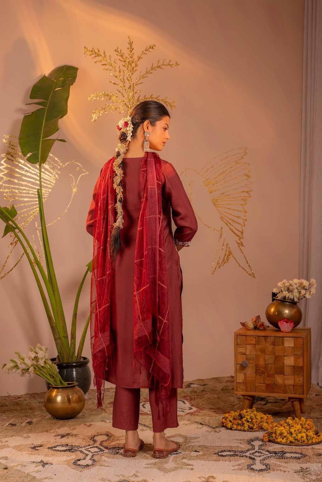 Juniper Rosegold Blossom -Pinted Kurta Pant And Dupatta Set | Grocsy