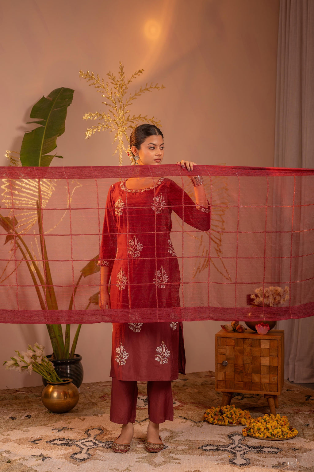 Juniper Rosegold Blossom -Pinted Kurta Pant And Dupatta Set | Grocsy