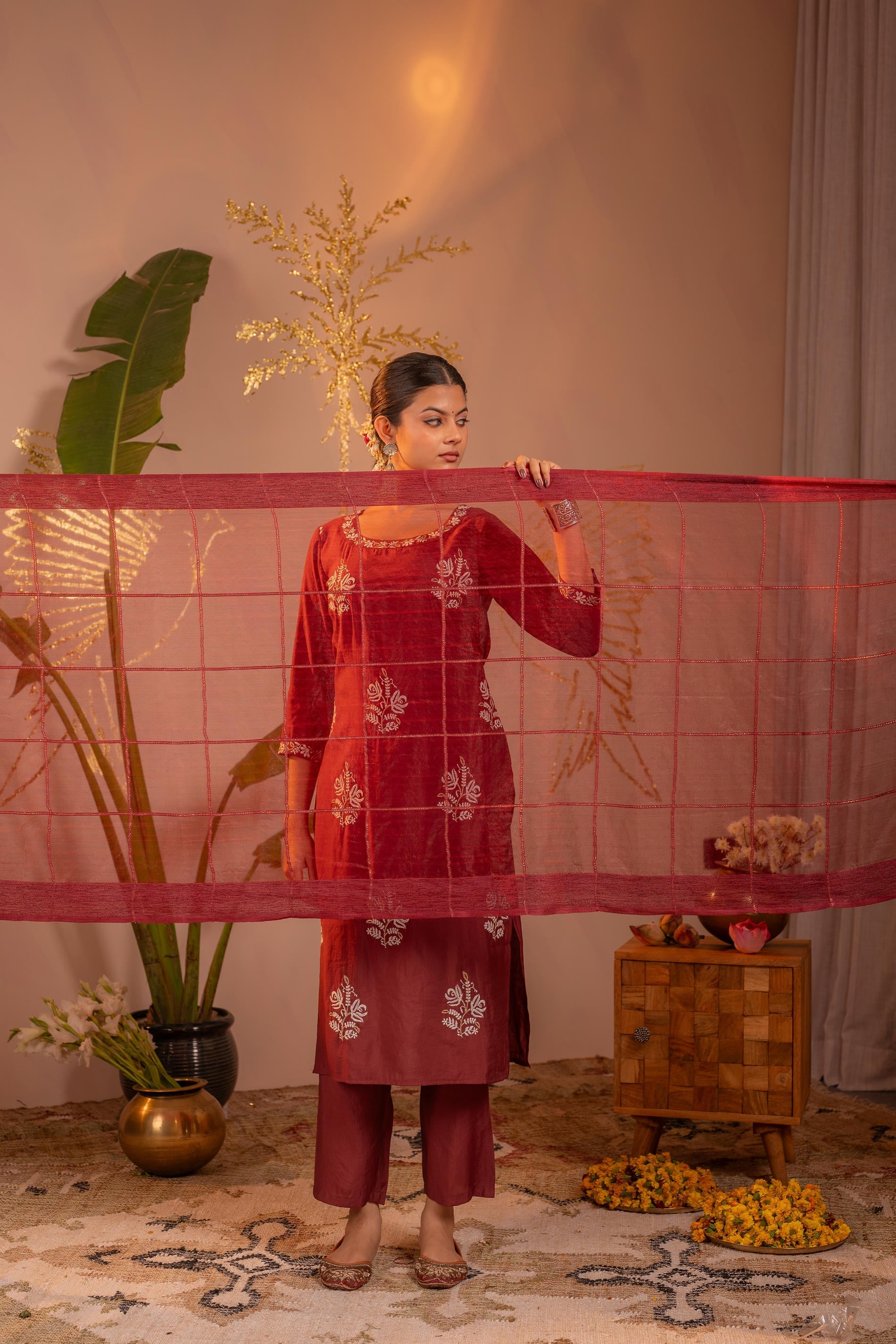 Juniper Rosegold Blossom -Pinted Kurta Pant And Dupatta Set | Grocsy