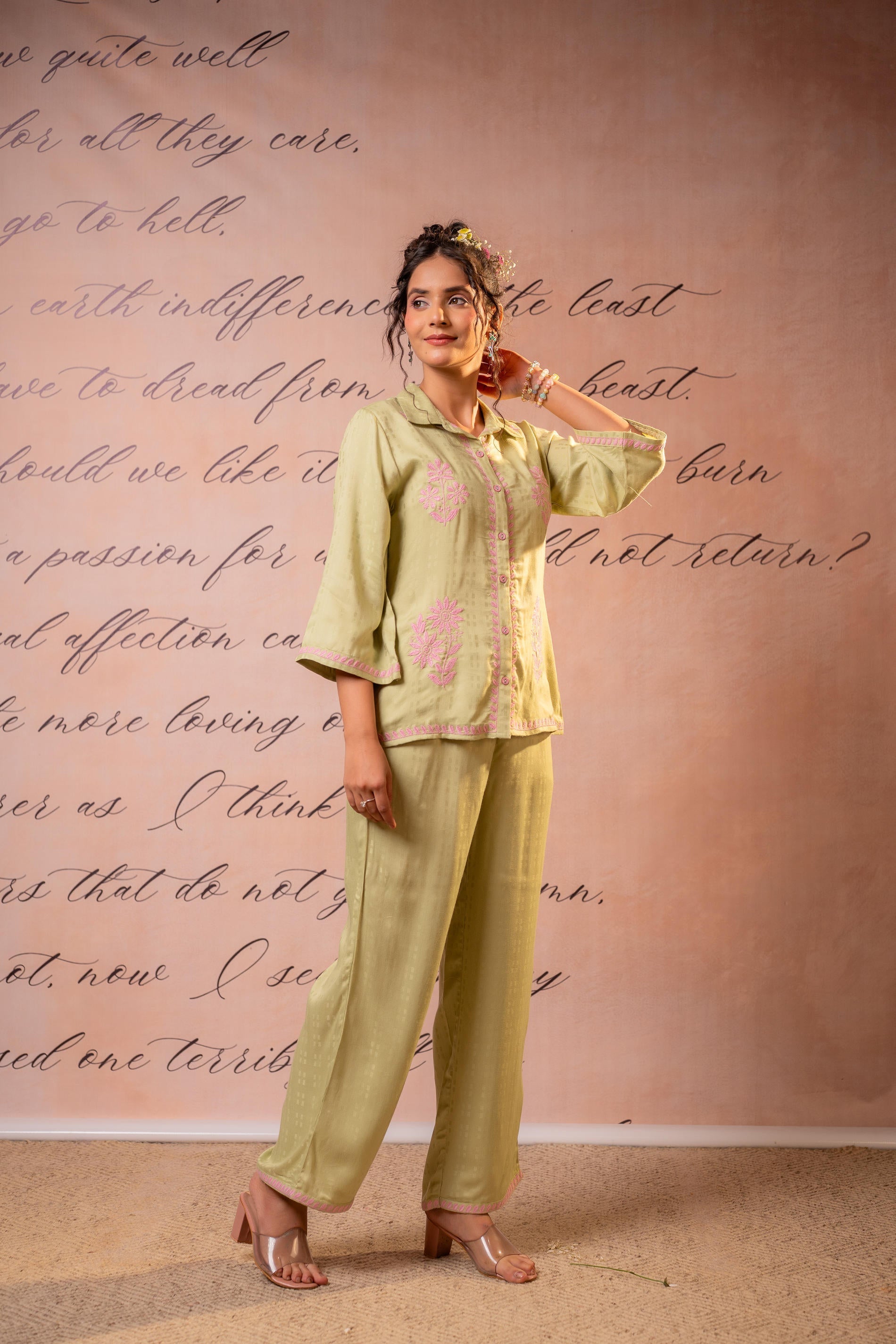 Juniper Noir Flora Mint & Pink Embroidered Co-Ord Set | Grocsy