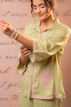 Juniper Noir Flora Mint & Pink Embroidered Co-Ord Set | Grocsy