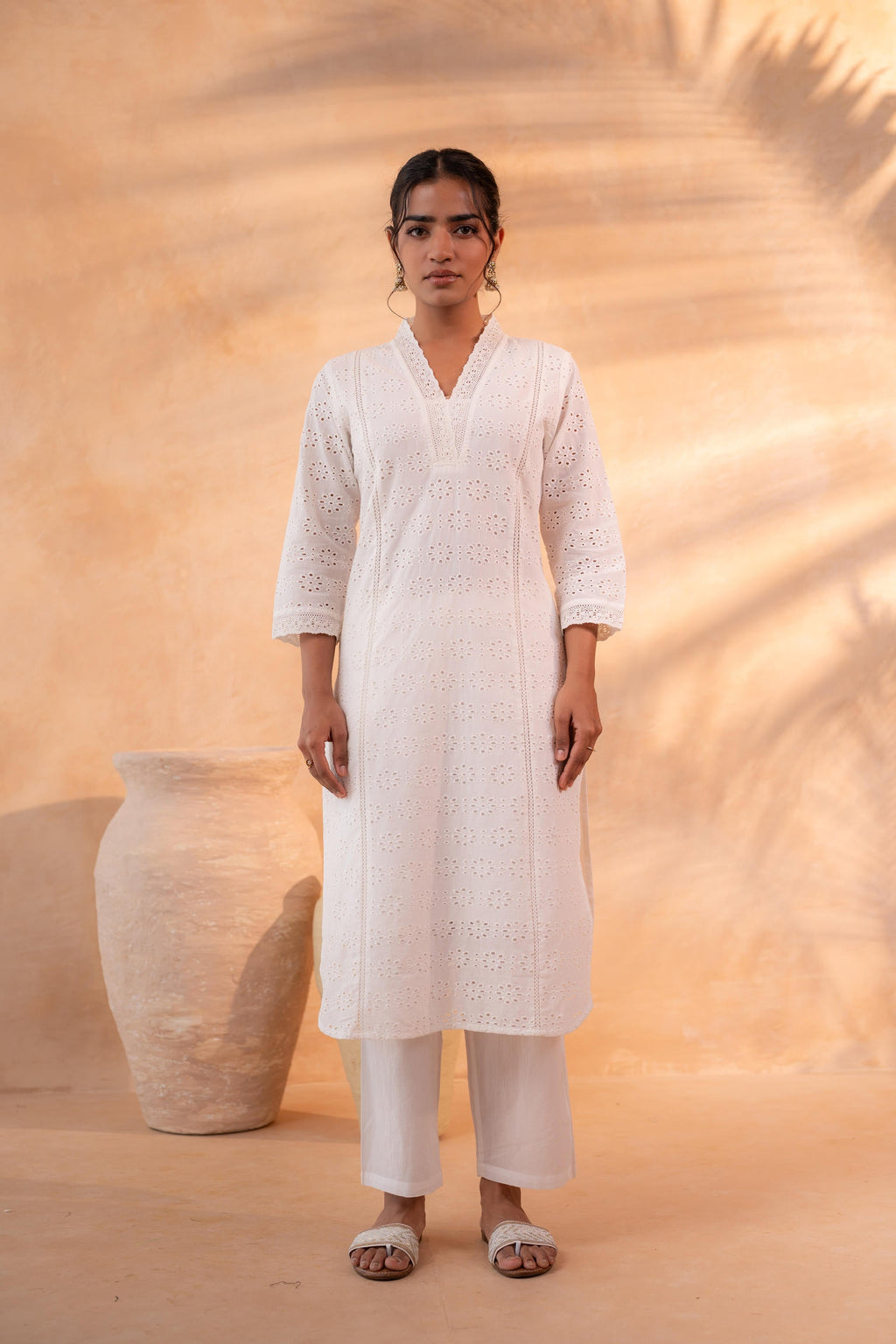 Juniper Off-White Schiffli Kurta And Pant Set | Grocsy