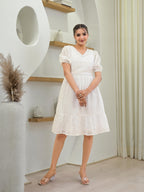 Juniper Women's White Solid Cotton Short Dress With Schiffili Work | Grocsy