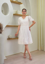 Juniper Women's White Solid Cotton Short Dress With Schiffili Work | Grocsy