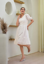 Juniper Women's White Solid Cotton Short Dress With Schiffili Work | Grocsy