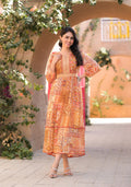Juniper Orange Abstract Printed Chiffon Long Dress With Belt | Grocsy