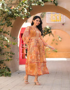 Juniper Orange Abstract Printed Chiffon Long Dress With Belt | Grocsy