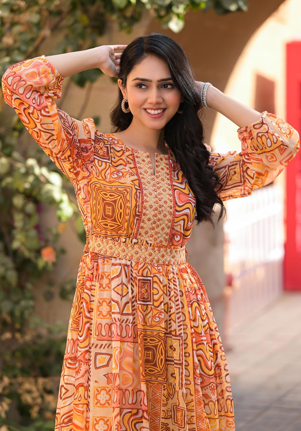 Juniper Orange Abstract Printed Chiffon Long Dress With Belt | Grocsy