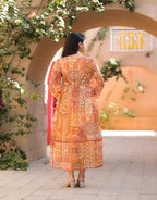 Juniper Orange Abstract Printed Chiffon Long Dress With Belt | Grocsy