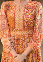 Juniper Orange Abstract Printed Chiffon Long Dress With Belt | Grocsy