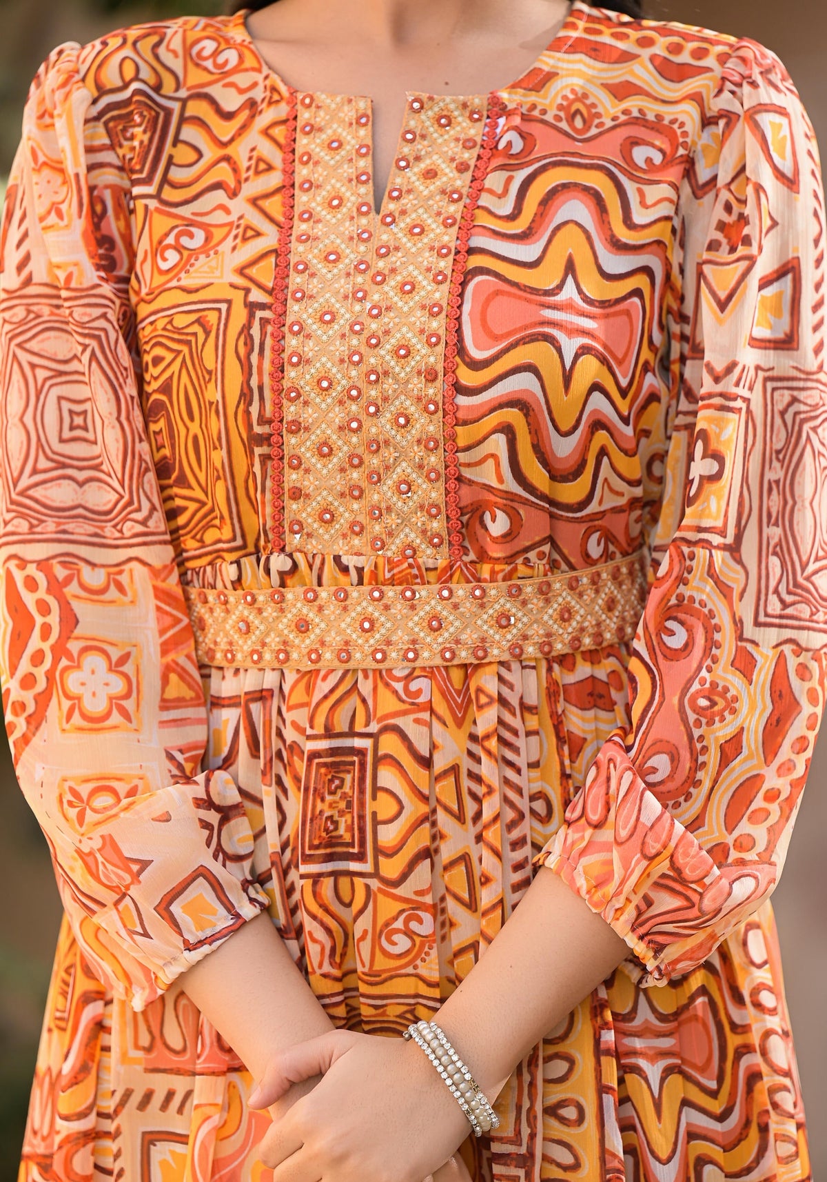 Juniper Orange Abstract Printed Chiffon Long Dress With Belt | Grocsy