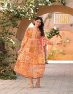 Juniper Women's Orange Abstract Printed Chiffon Long Dress With Belt | Grocsy