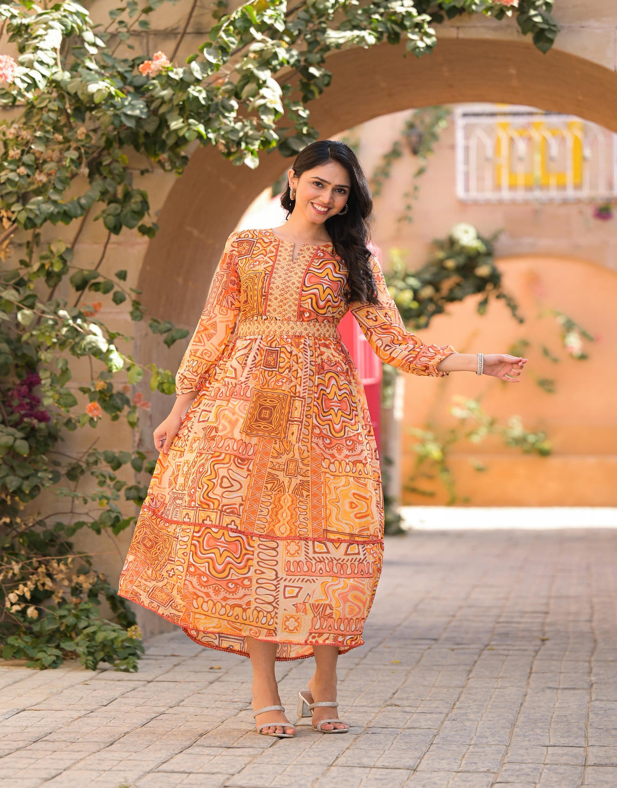 Juniper Women's Orange Abstract Printed Chiffon Long Dress With Belt | Grocsy