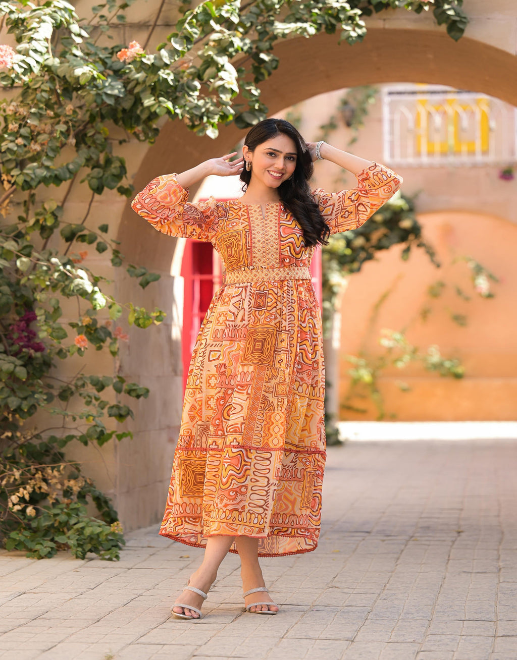 Juniper Women's Orange Abstract Printed Chiffon Long Dress With Belt | Grocsy