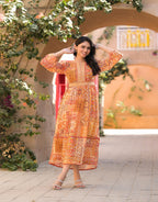 Juniper Women's Orange Abstract Printed Chiffon Long Dress With Belt | Grocsy