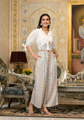 Juniper White Floral Embroidered Crop Shirt With Pastel Printed Palazzo Set | Grocsy