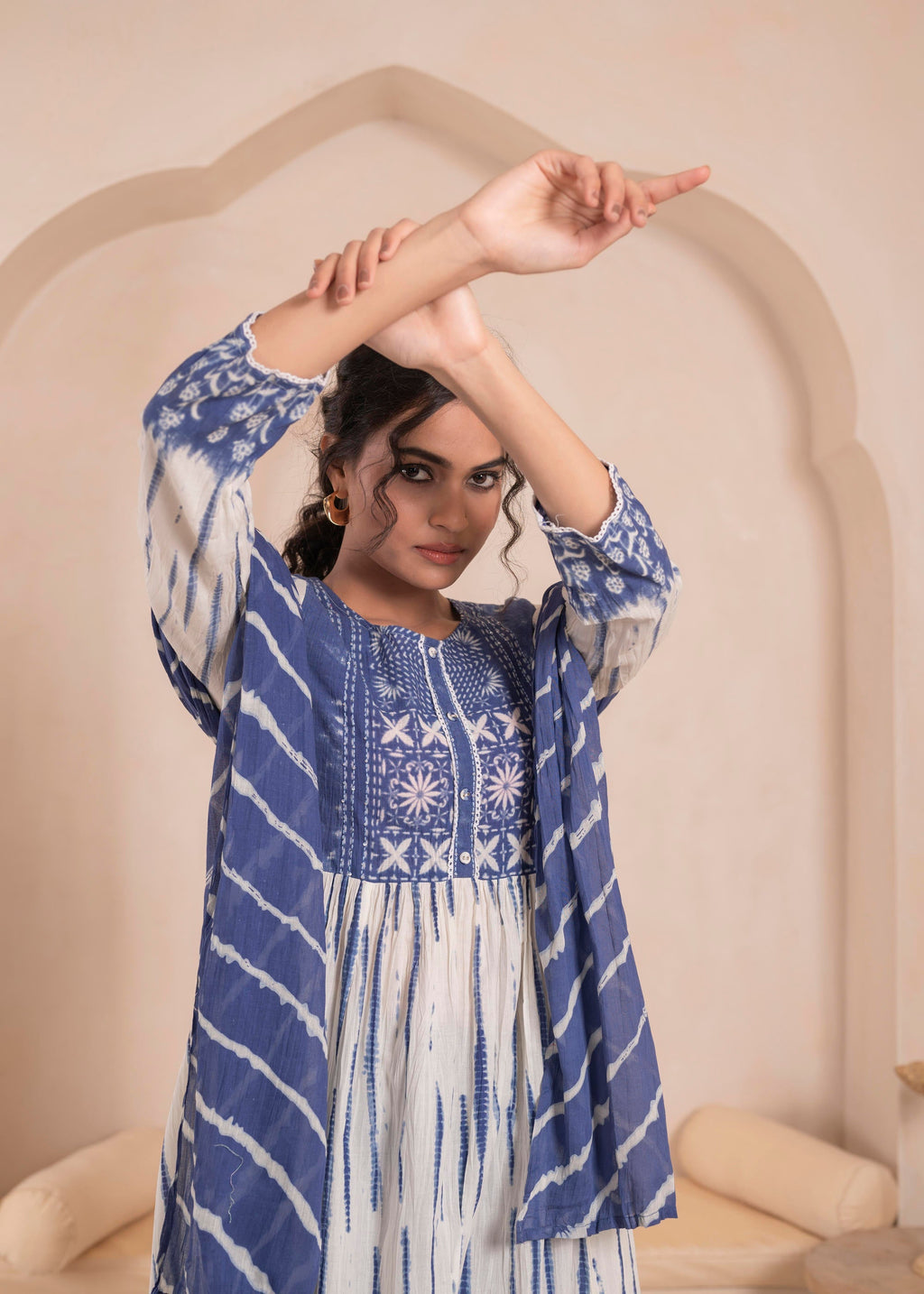 Juniper Navy blue and white kurta , solid bottom and tie -dye dupatta with cotton lace , buttons , sequince | Grocsy