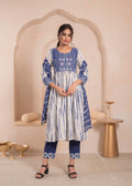 Juniper Navy blue and white kurta , solid bottom and tie -dye dupatta with cotton lace , buttons , sequince | Grocsy