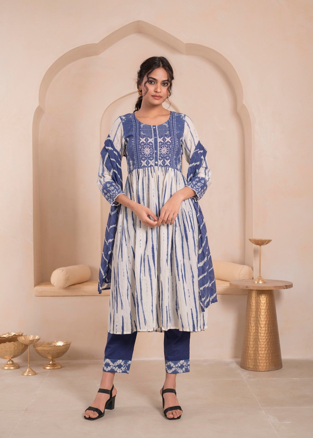 Juniper Navy blue and white kurta , solid bottom and tie -dye dupatta with cotton lace , buttons , sequince | Grocsy