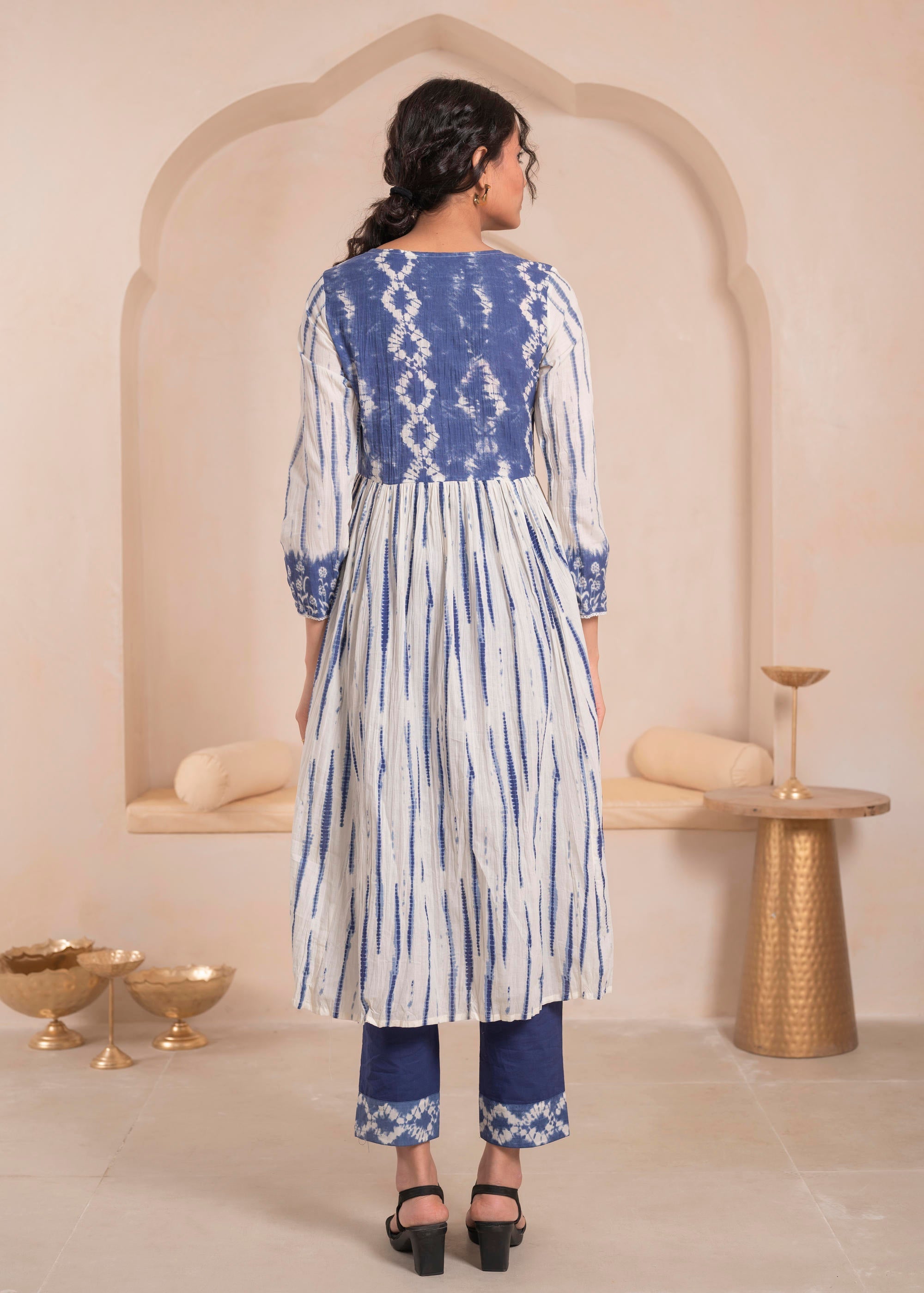 Juniper Navy blue and white kurta , solid bottom and tie -dye dupatta with cotton lace , buttons , sequince | Grocsy