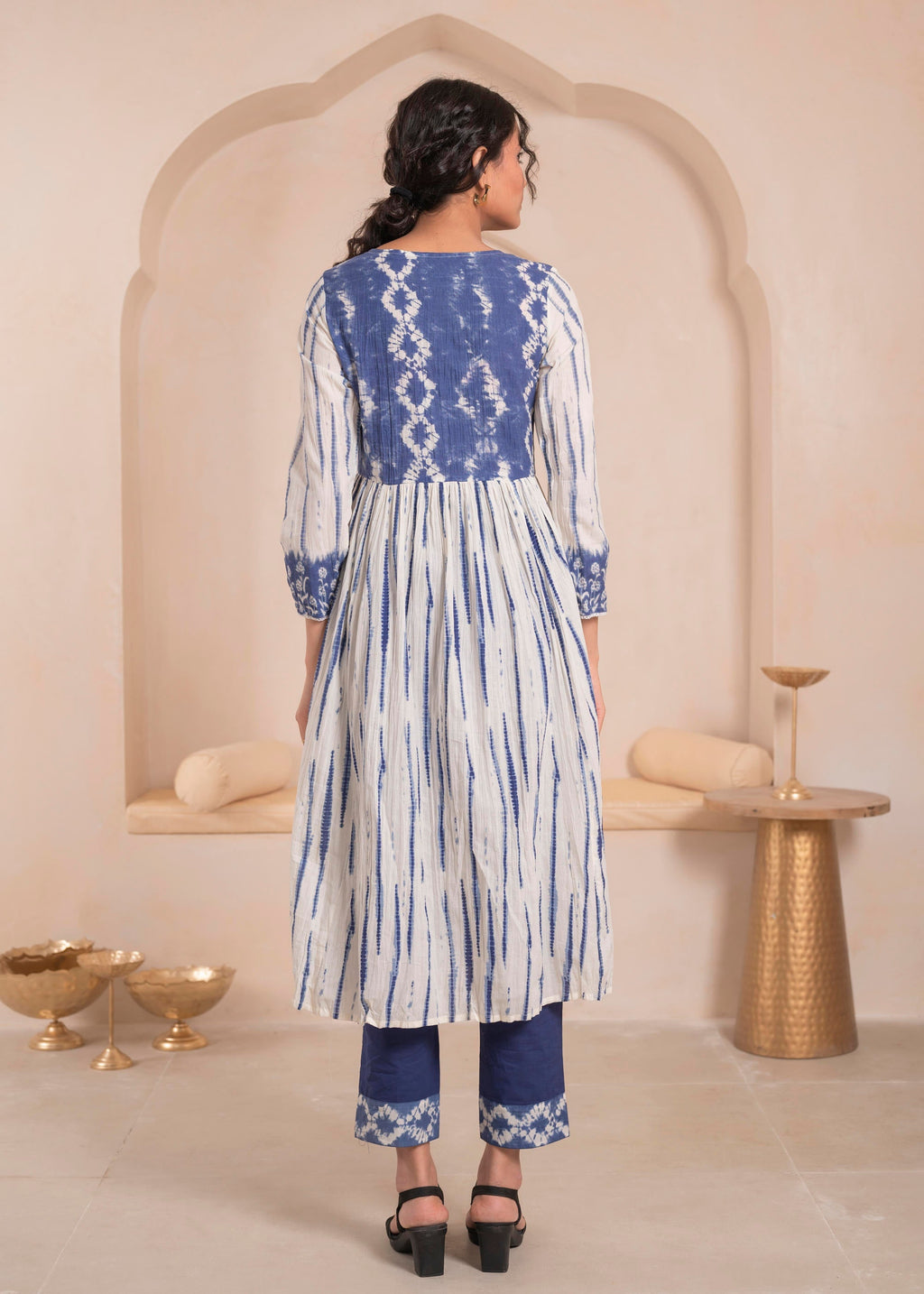 Juniper Navy Blue And White Kurta , Solid Bottom And Tie -Dye Dupatta With Cotton Lace , Buttons , Sequin | Grocsy