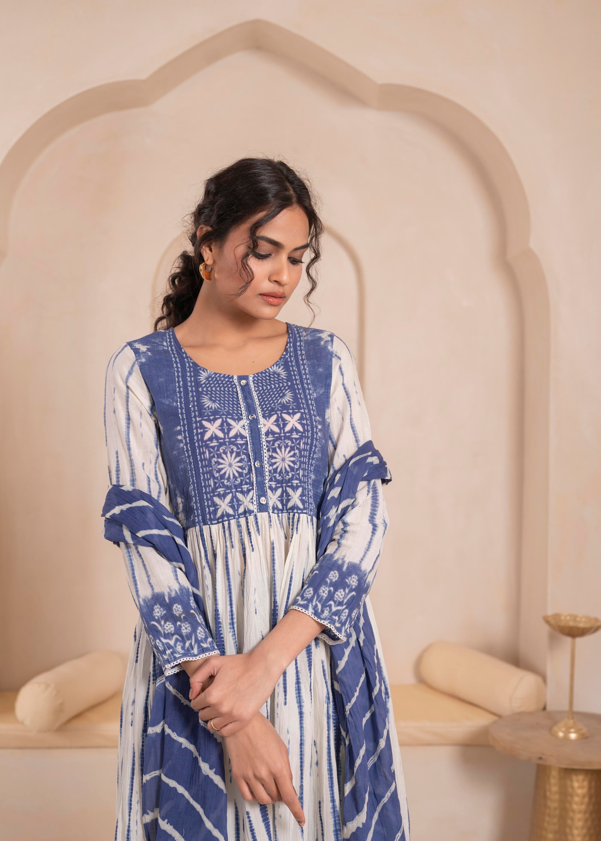Juniper Navy Blue And White Kurta , Solid Bottom And Tie -Dye Dupatta With Cotton Lace , Buttons , Sequin | Grocsy