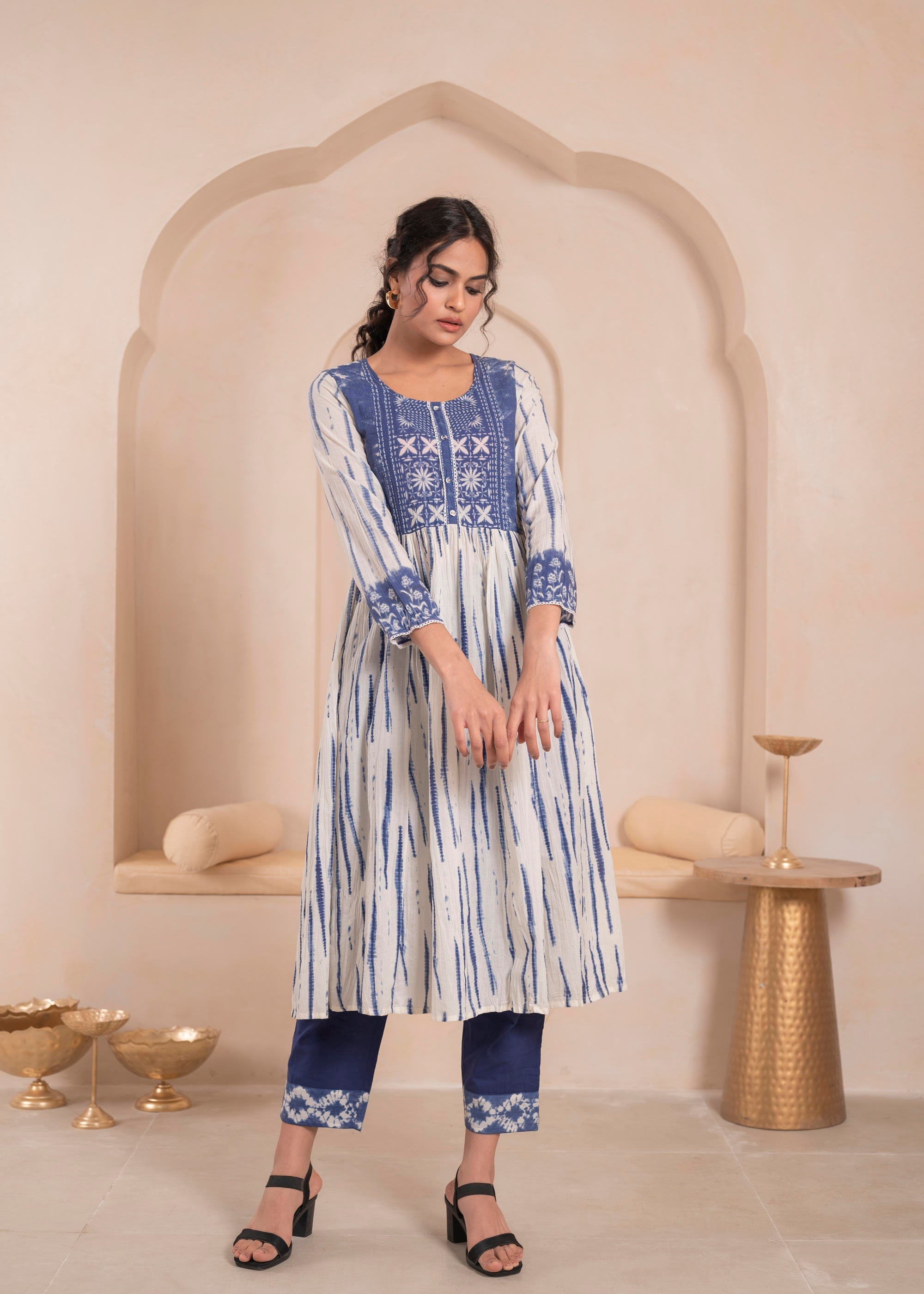 Juniper Navy blue and white kurta , solid bottom and tie -dye dupatta with cotton lace , buttons , sequince | Grocsy