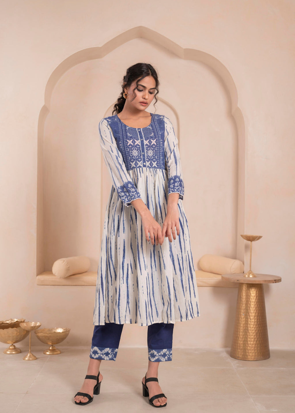 Juniper Navy Blue And White Kurta , Solid Bottom And Tie -Dye Dupatta With Cotton Lace , Buttons , Sequin | Grocsy