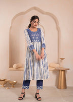 Juniper Navy Blue And White Kurta , Solid Bottom And Tie -Dye Dupatta With Cotton Lace , Buttons , Sequin | Grocsy