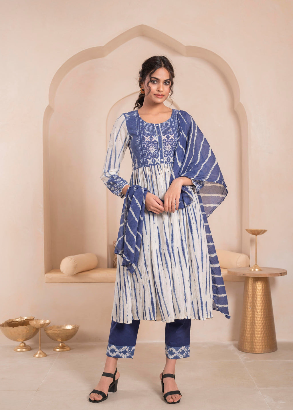 Juniper Navy blue and white kurta , solid bottom and tie -dye dupatta with cotton lace , buttons , sequince | Grocsy