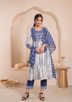 Juniper Navy blue and white kurta , solid bottom and tie -dye dupatta with cotton lace , buttons , sequince | Grocsy