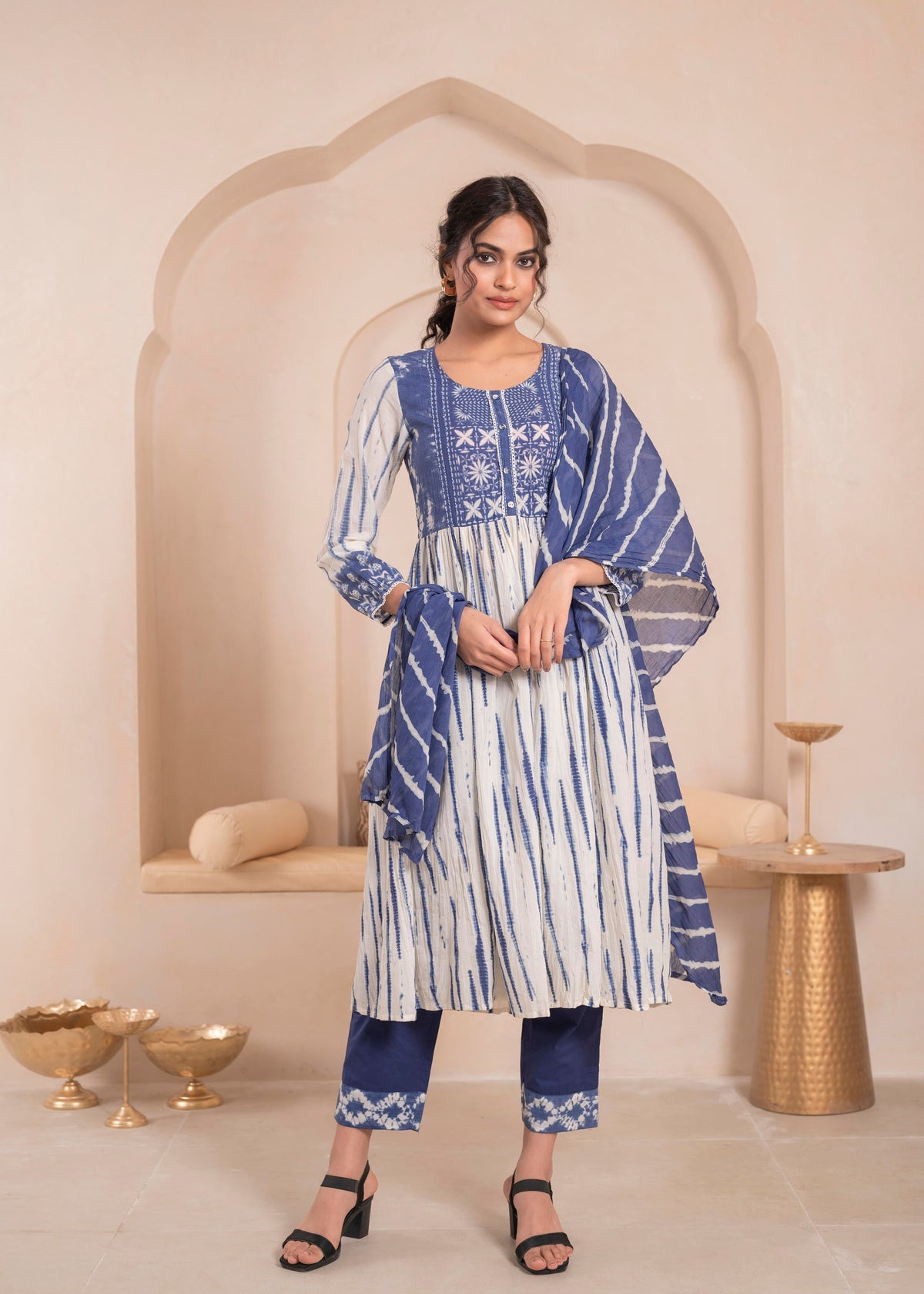 Juniper Navy blue and white kurta , solid bottom and tie -dye dupatta with cotton lace , buttons , sequince | Grocsy
