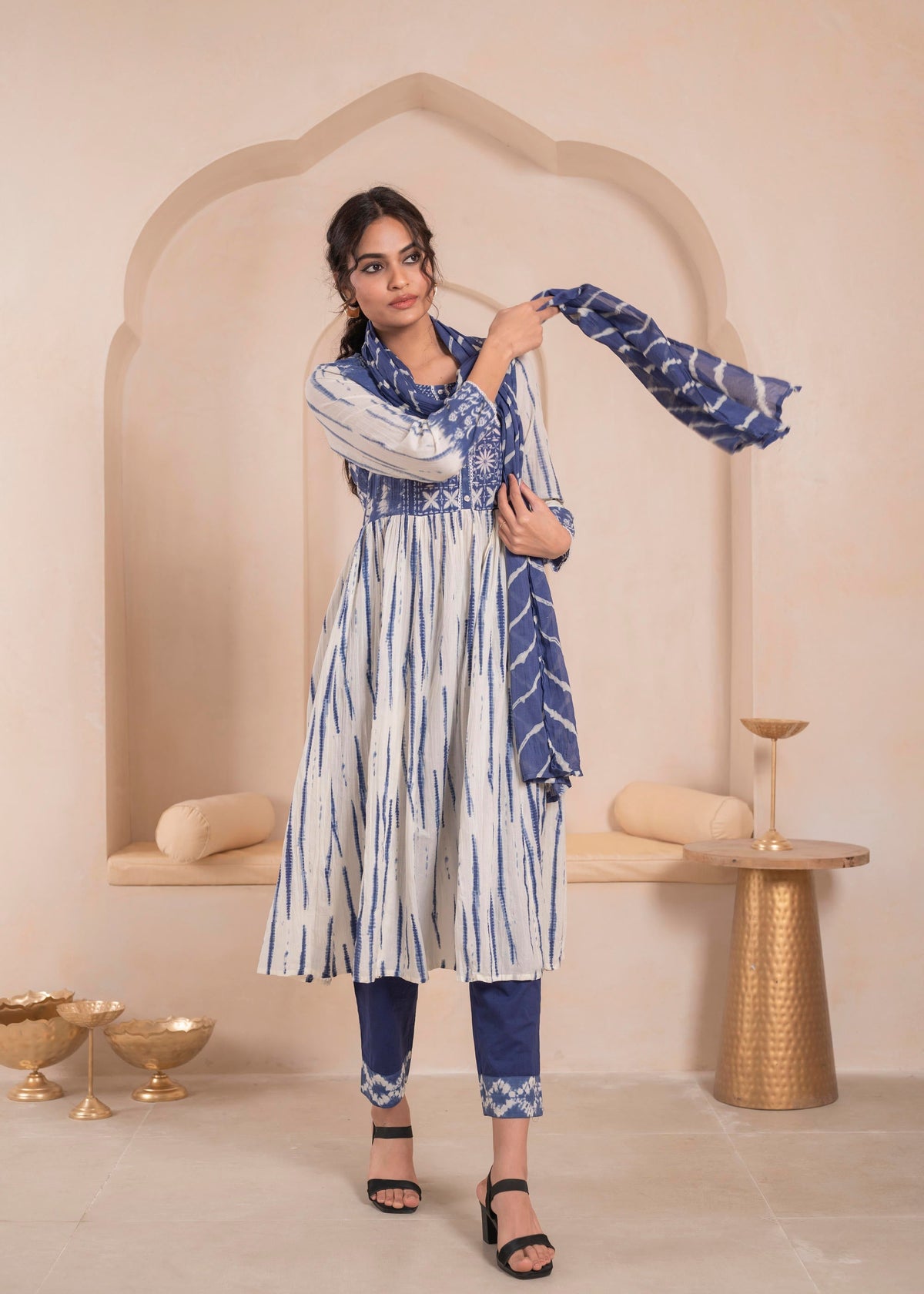 Juniper Navy blue and white kurta , solid bottom and tie -dye dupatta with cotton lace , buttons , sequince | Grocsy