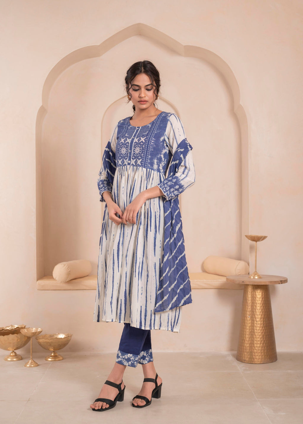 Juniper Navy blue and white kurta , solid bottom and tie -dye dupatta with cotton lace , buttons , sequince | Grocsy