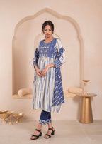 Juniper Navy blue and white kurta , solid bottom and tie -dye dupatta with cotton lace , buttons , sequince | Grocsy