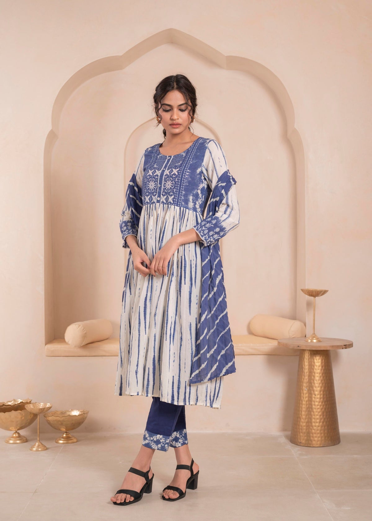 Juniper Navy blue and white kurta , solid bottom and tie -dye dupatta with cotton lace , buttons , sequince | Grocsy