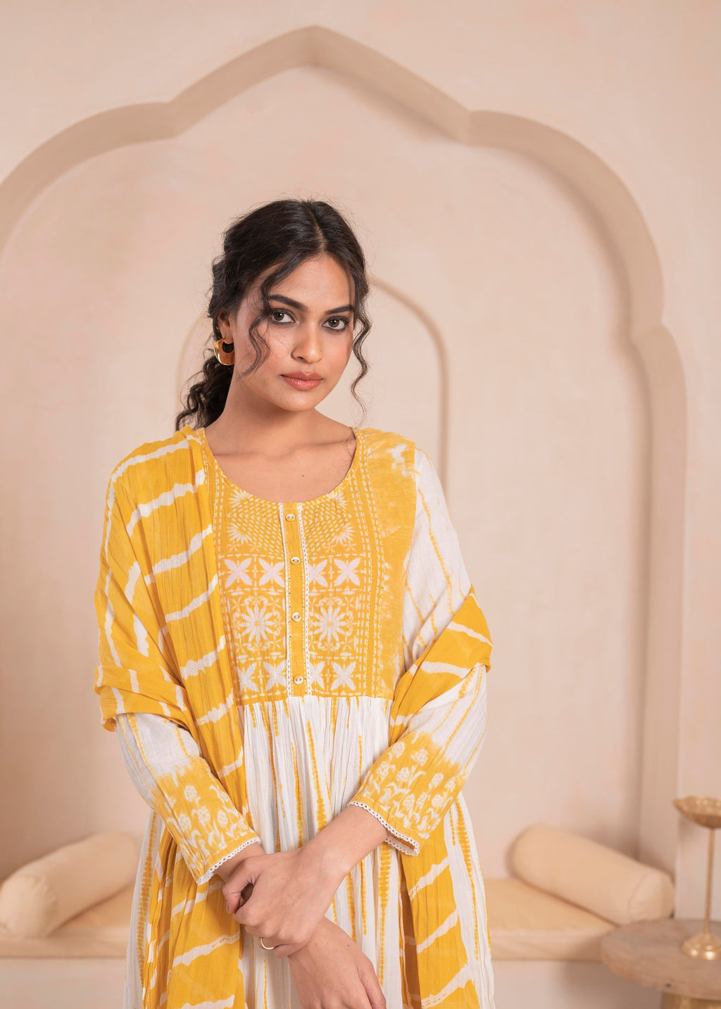 Juniper Mustard And White Kurta , Solid Bottom And Tie - Dye Dupatta With Cotton Lace , Buttons , Sequin | Grocsy