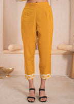 Juniper Mustered and white kurta , solid bottom and tie - dye dupatta with cotton lace , buttons , sequence | Grocsy