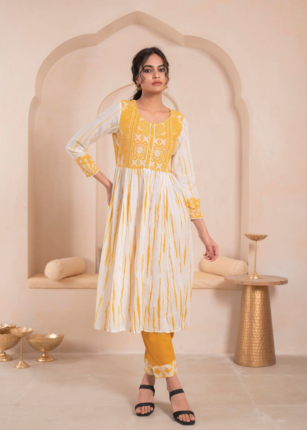Juniper Mustered and white kurta , solid bottom and tie - dye dupatta with cotton lace , buttons , sequence | Grocsy