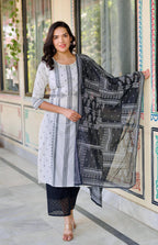 Juniper Black & White Geometric Printed Cotton Kurta with Palazzo & Printed Dupatta | Grocsy