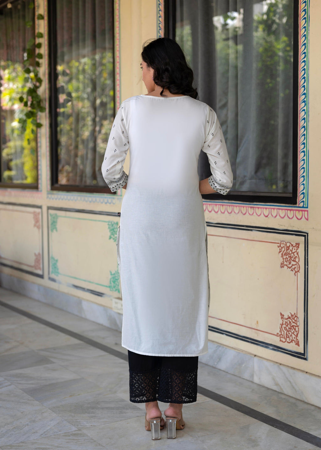 Juniper Black & White Geometric Printed Cotton Kurta with Palazzo & Printed Dupatta | Grocsy