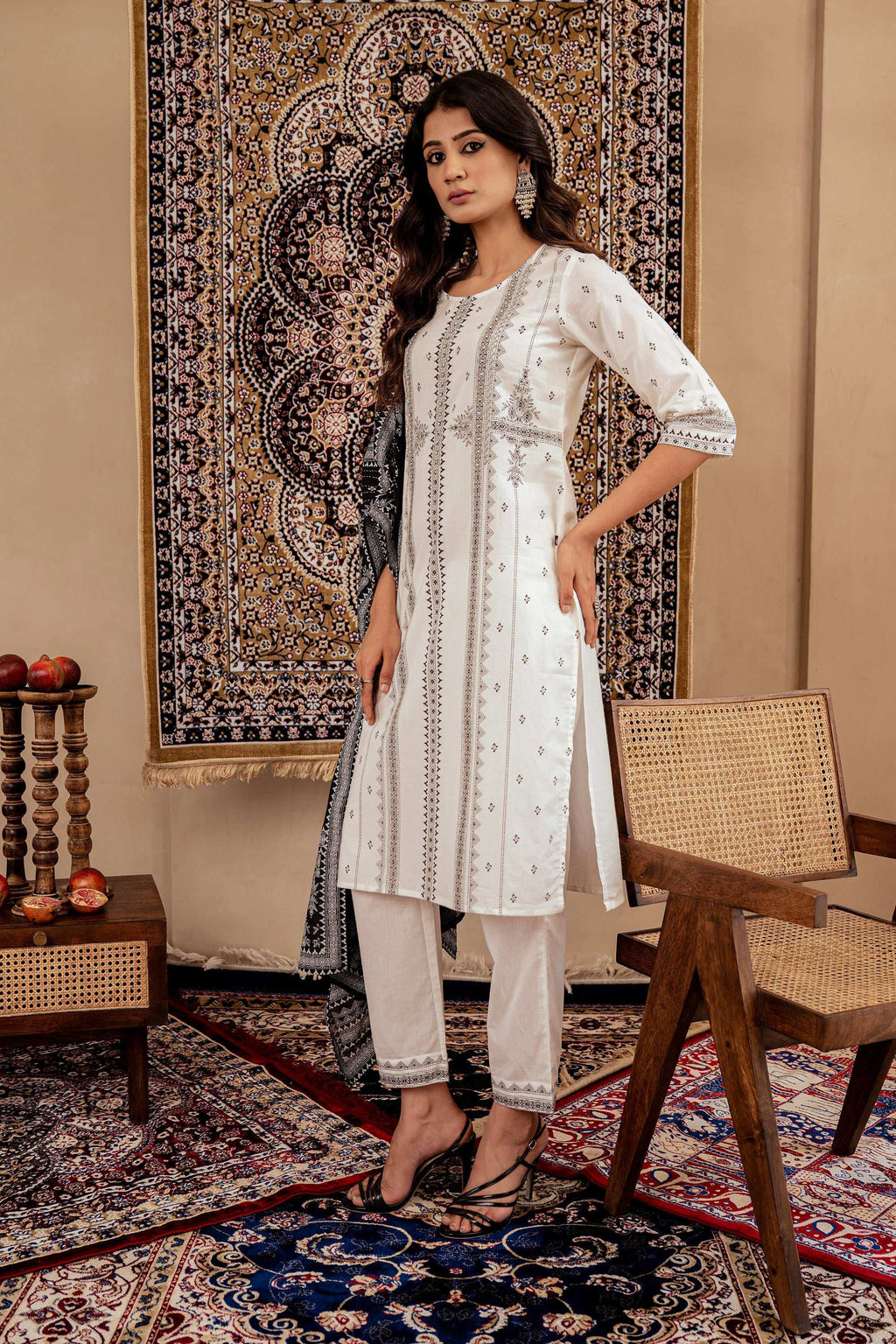 Juniper Black & White Geometric Printed Cotton Kurta With Palazzo & Printed Dupatta | Grocsy