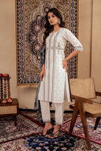 Juniper Black & White Geometric Printed Cotton Kurta With Palazzo & Printed Dupatta | Grocsy