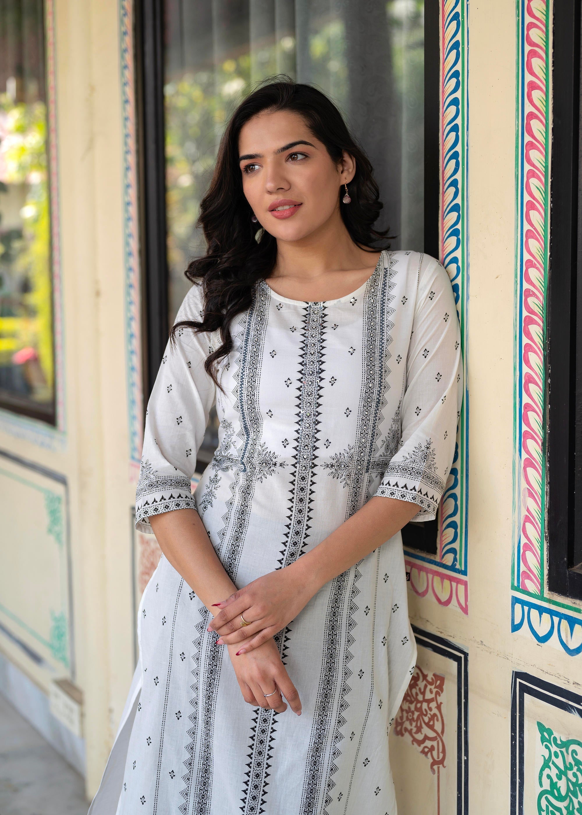 Juniper Black & White Geometric Printed Cotton Kurta with Palazzo & Printed Dupatta | Grocsy